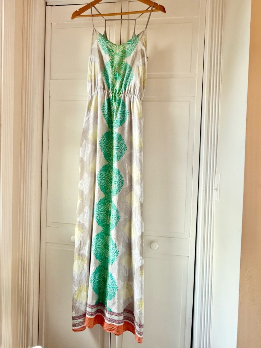 ARYNK White Maxi Dress with Green Medallion Print and Orange Hem